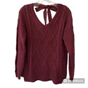 Cupcake Clothing Ltd. Burgundy V-Neck Cable Sweater With Tie Back NWT Si…